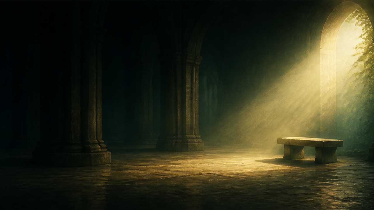 Un banco vacío bajo un único haz de luz dorada en un espacio oscuro y sereno, símbolo del silencio de Dios