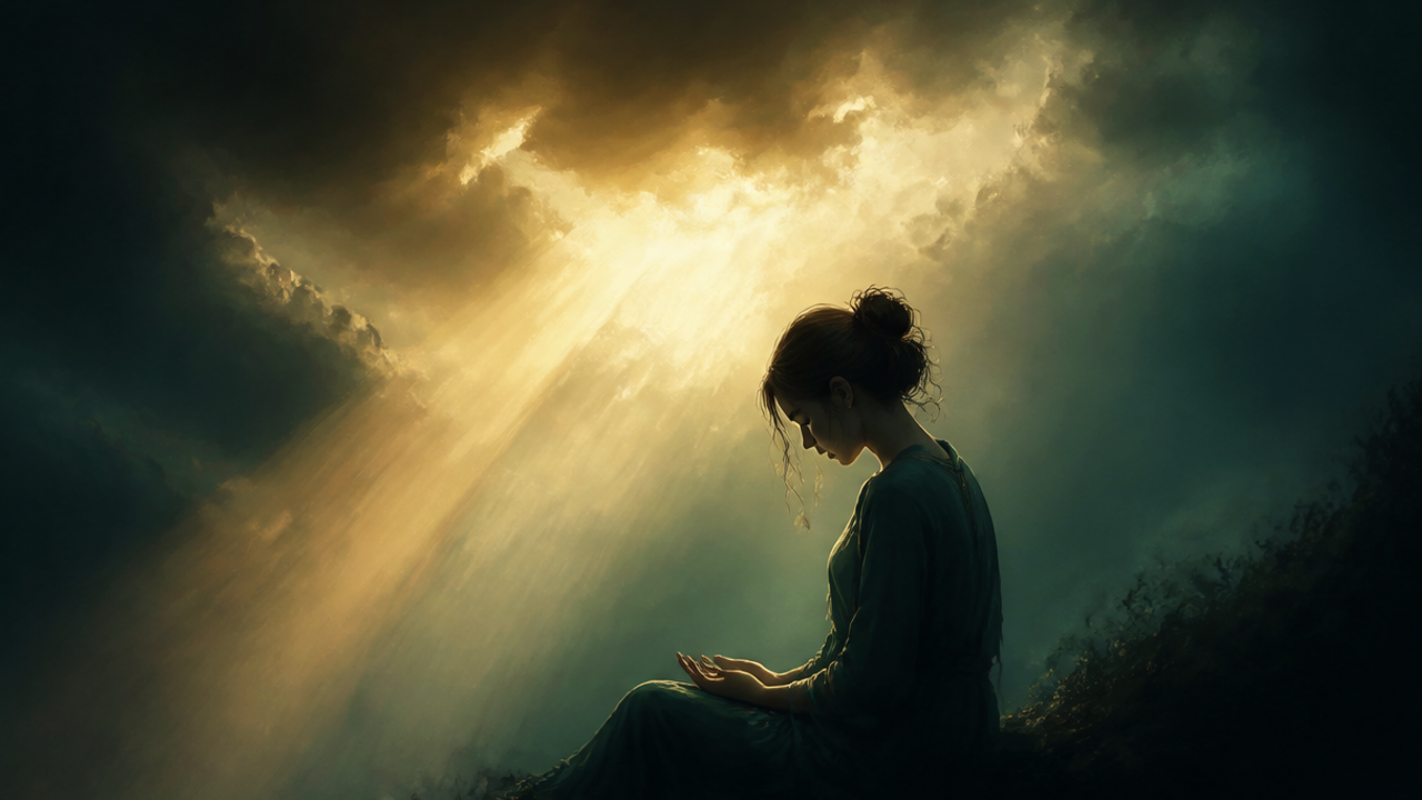 Silueta de una mujer en actitud de oración bajo un rayo de luz dorada entre nubes oscuras, símbolo de hablar con Dios estando enfadada