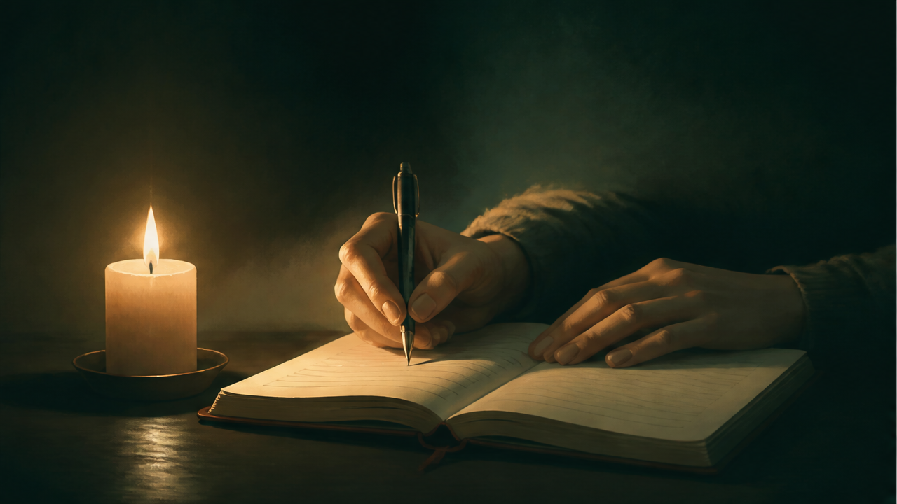 Manos escribiendo en un diario a la luz de una vela por la noche, símbolo del diario para hablar con Dios