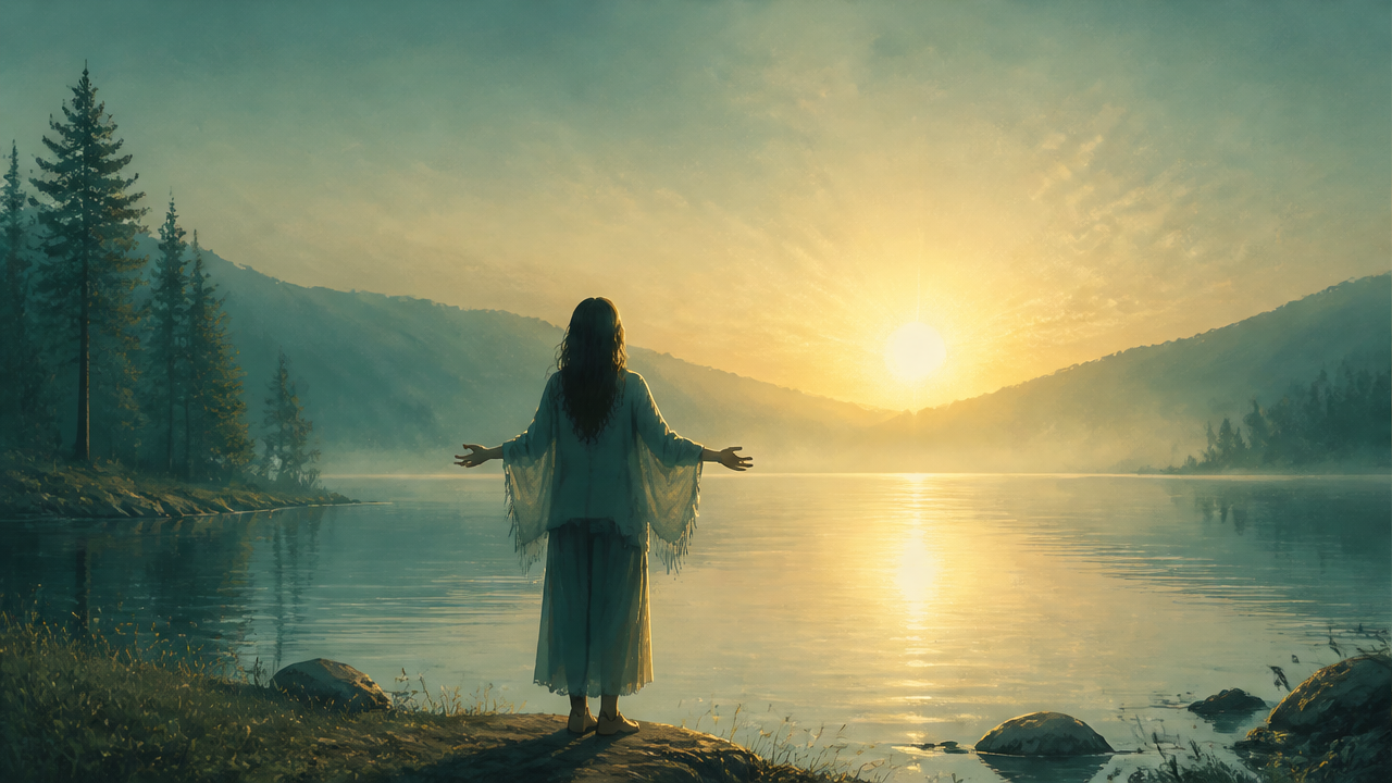 Silueta de una mujer con los brazos abiertos frente a la luz del amanecer en la naturaleza, símbolo de hablar con Dios sin ser religiosa