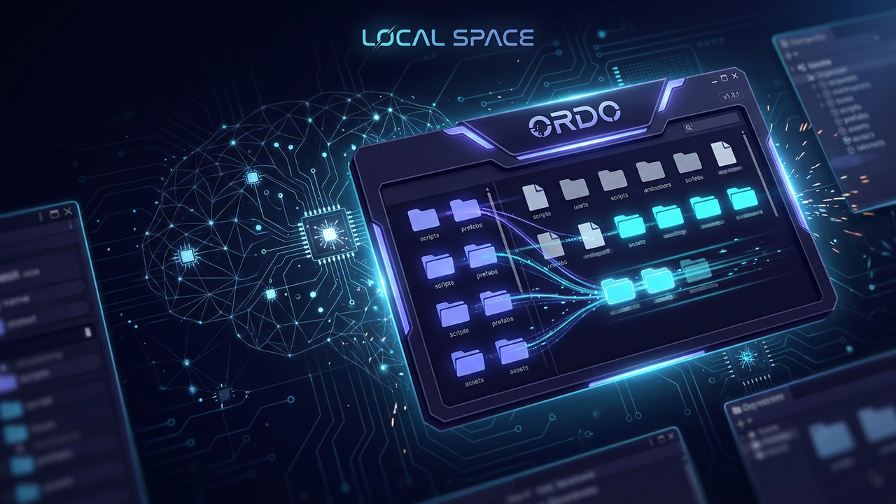 ORDO 1.3.1, a Unity project organizer panel with an AI neural network woven into the background
